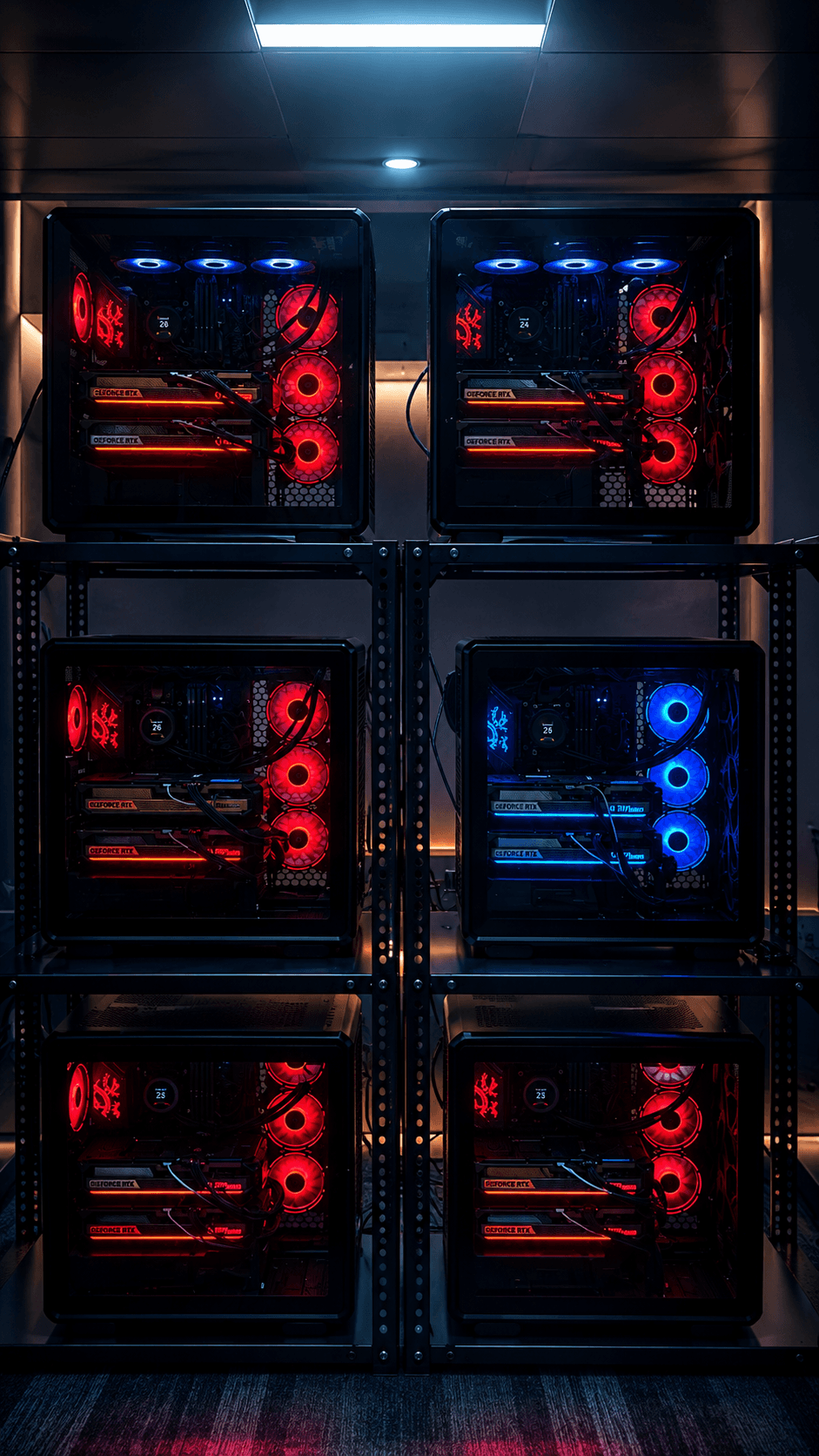 Rack of GPU workstations powering Deepsoch AI
