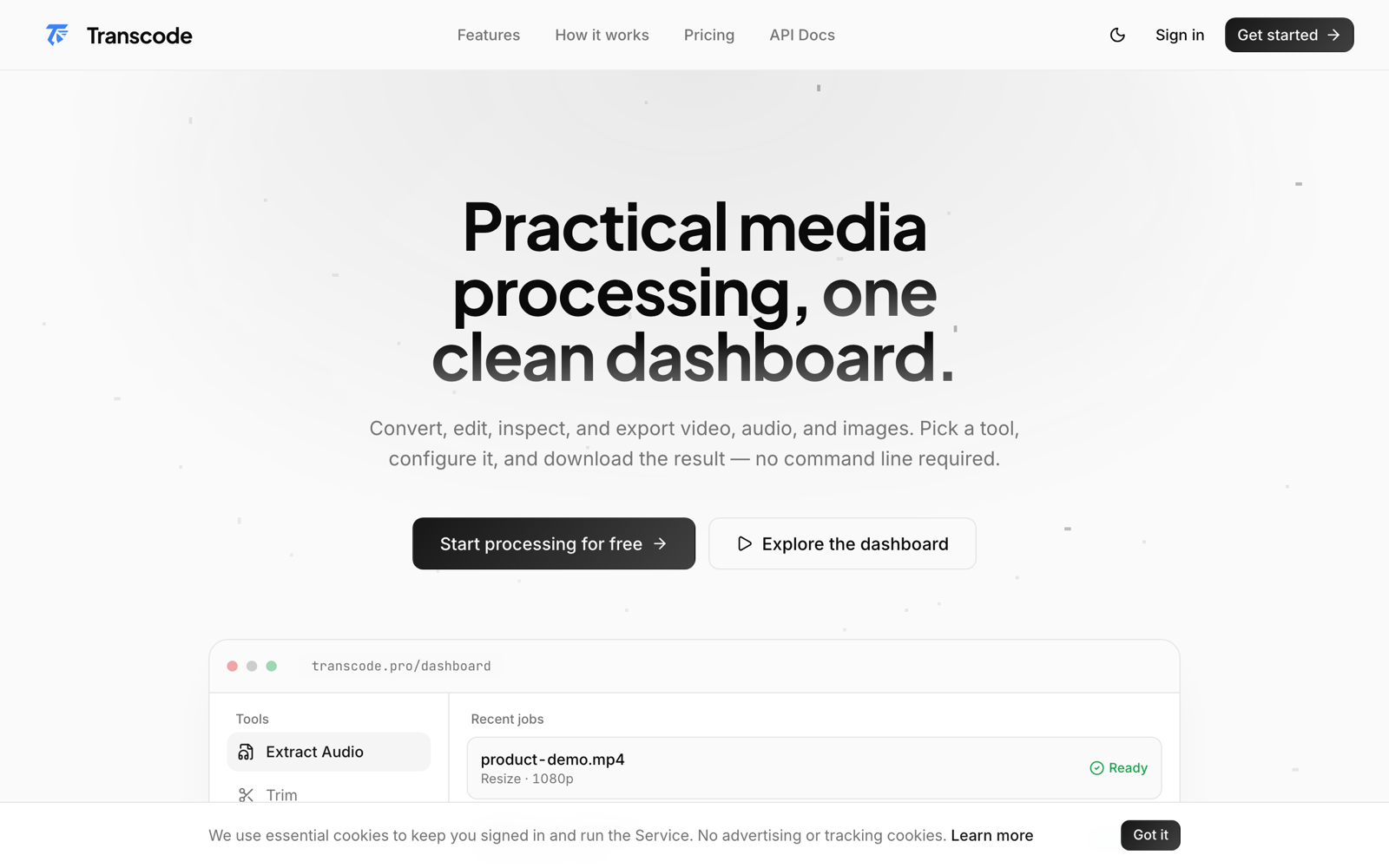 The transcode.pro homepage, showing a media processing dashboard with tools and recent jobs.