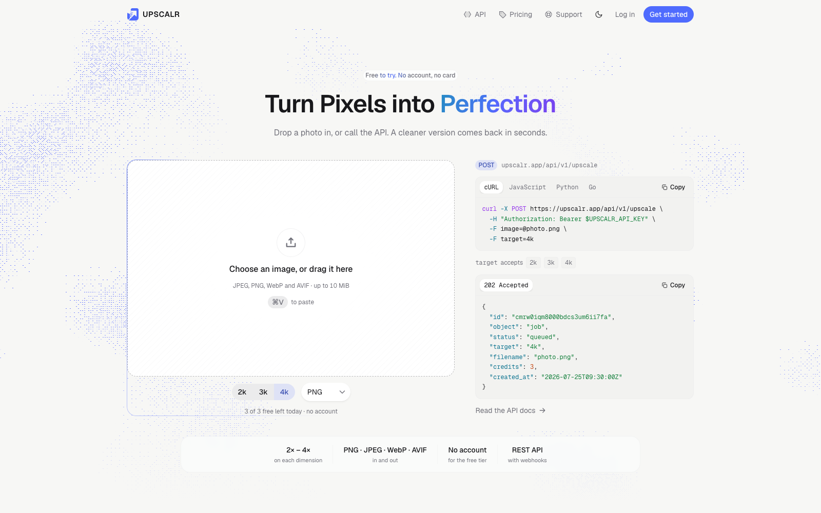 The upscalr.app homepage: the headline “Turn Pixels into Perfection” over a drop zone reading “Choose an image, or drag it here”, with 2k, 3k and 4k size options beneath it.